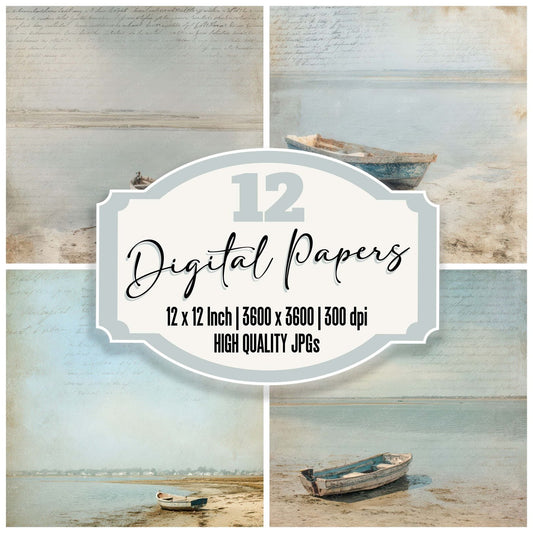 Vintage Fishing Boat Shoreline Scene Digital Paper Pack (DDD012216)