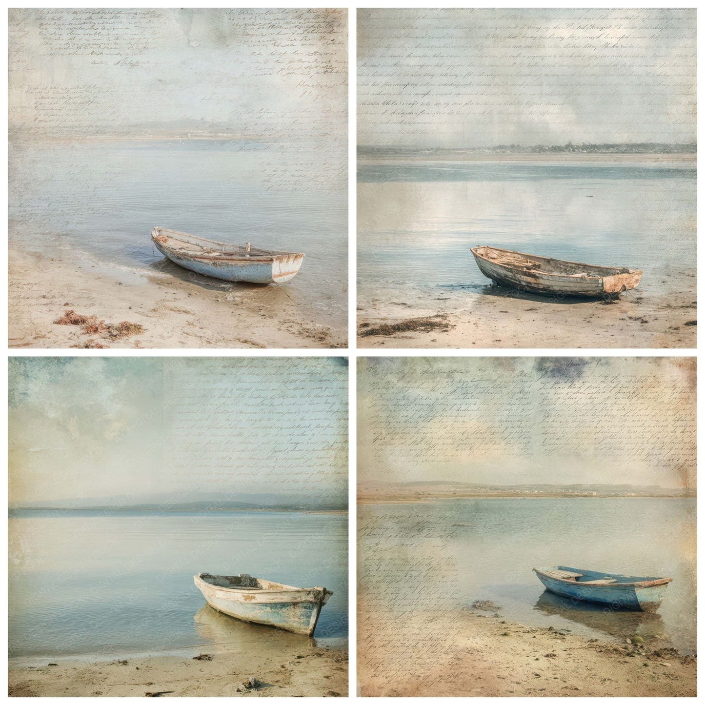 Vintage Fishing Boat Shoreline Scene Digital Paper Pack (DDD012216)