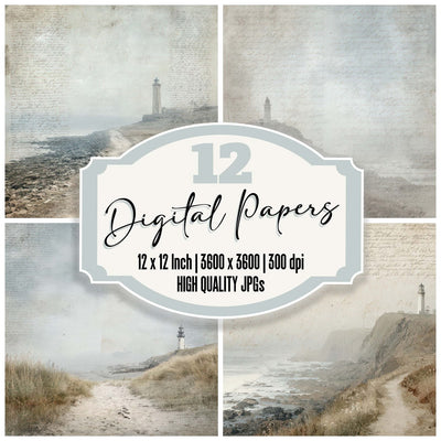 Vintage Lighthouse Cliff Path Scene digital paper pack cover showing four of the 12 papers