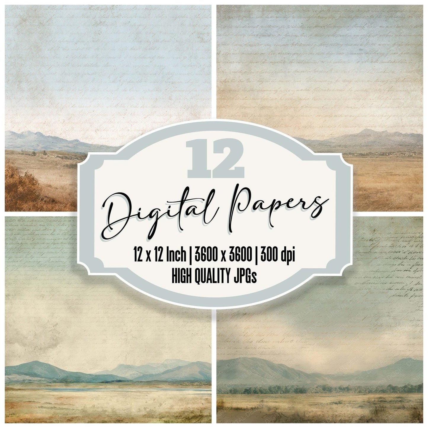 Vintage Open Field Mountain Scene Digital Paper Pack (DDD012219)