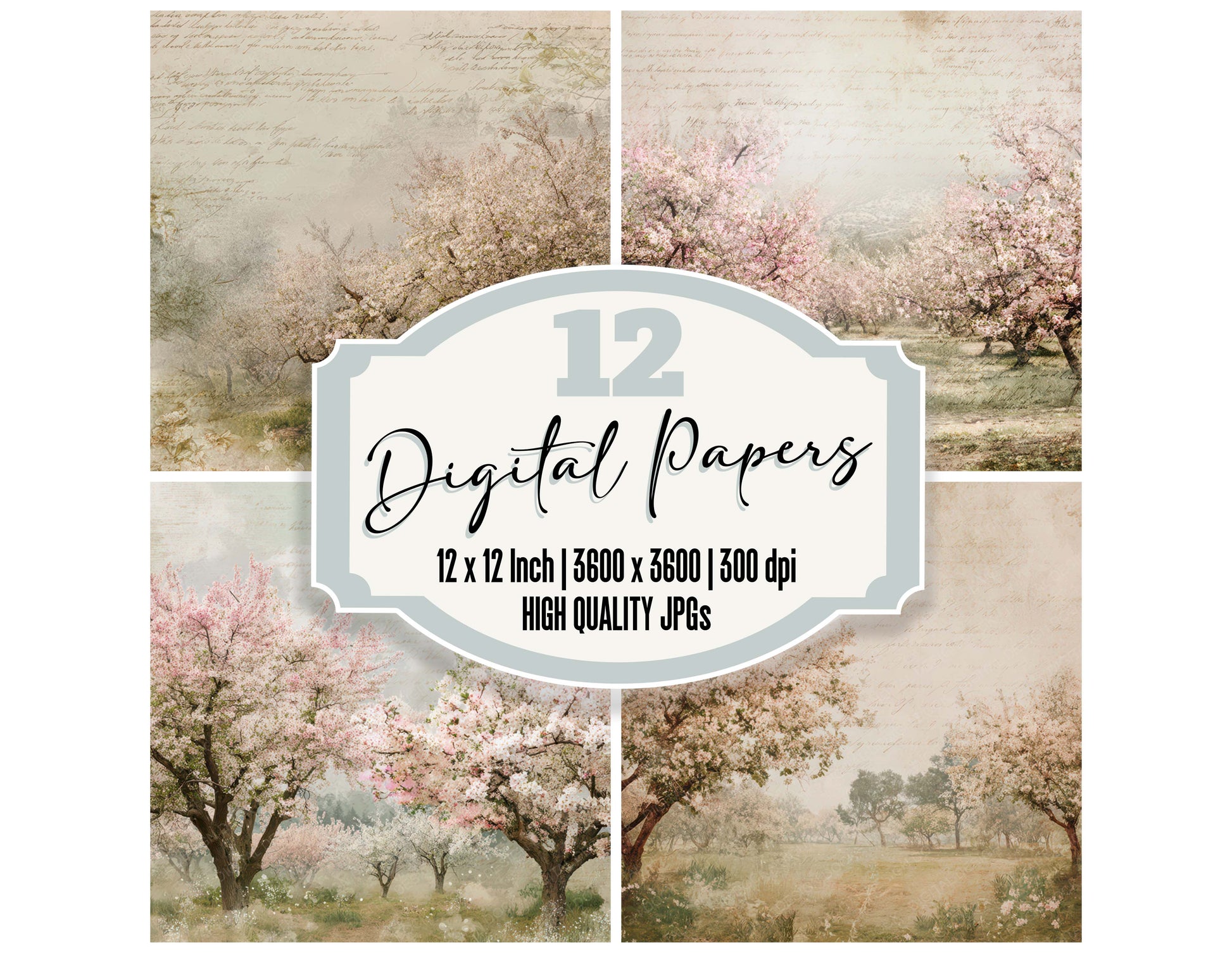 Vintage Orchard Blossom Scene digital paper pack designed for background pages in junk journaling and paper craft projects