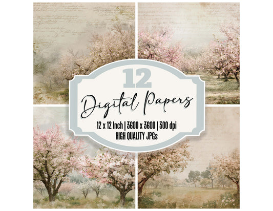 Vintage Orchard Blossom Scene digital paper pack designed for background pages in junk journaling and paper craft projects