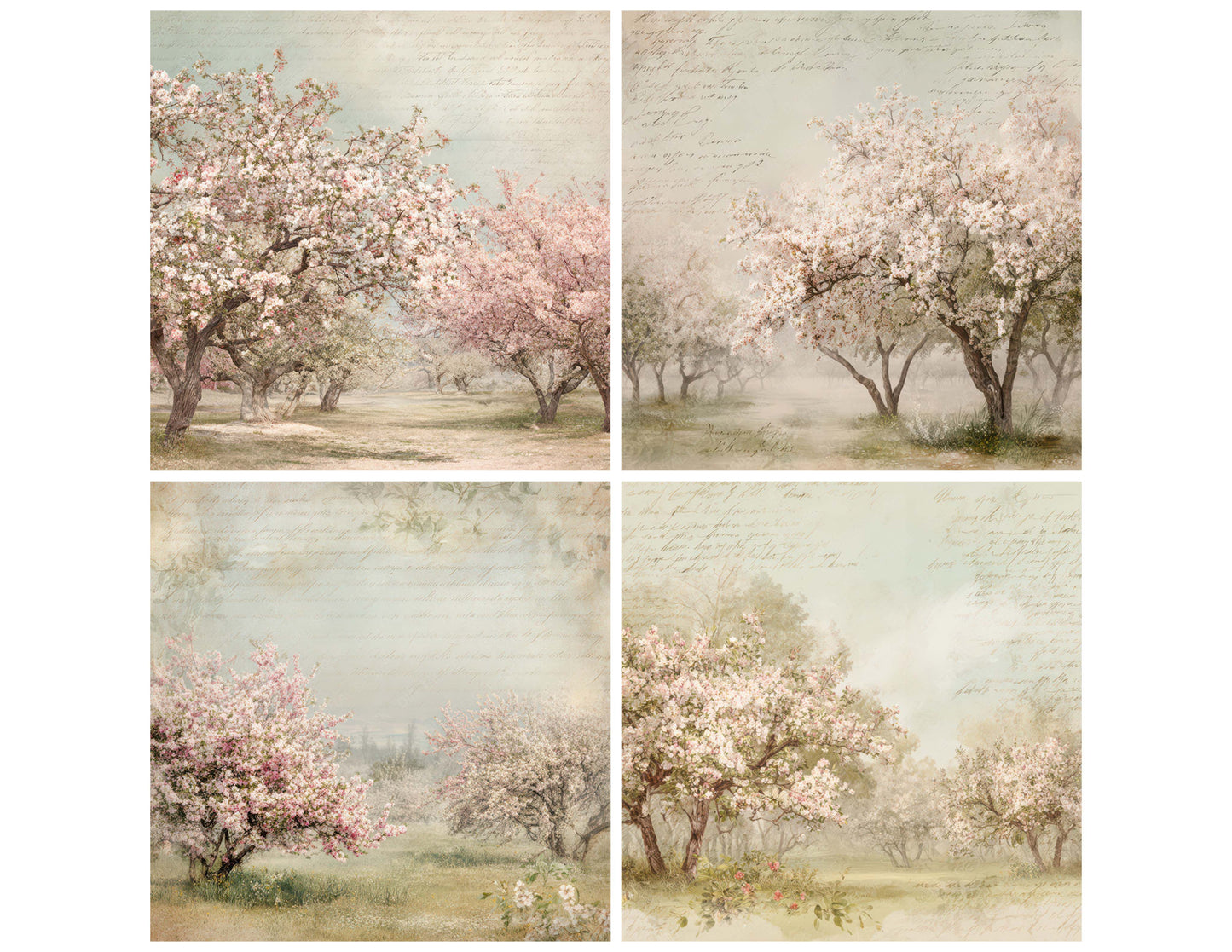 Preview layout showing Vintage Orchard Blossom Scene papers arranged as background pages for junk journals and mixed media crafts