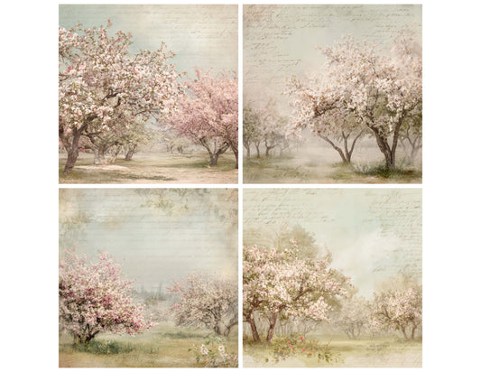 Preview layout showing Vintage Orchard Blossom Scene papers arranged as background pages for junk journals and mixed media crafts