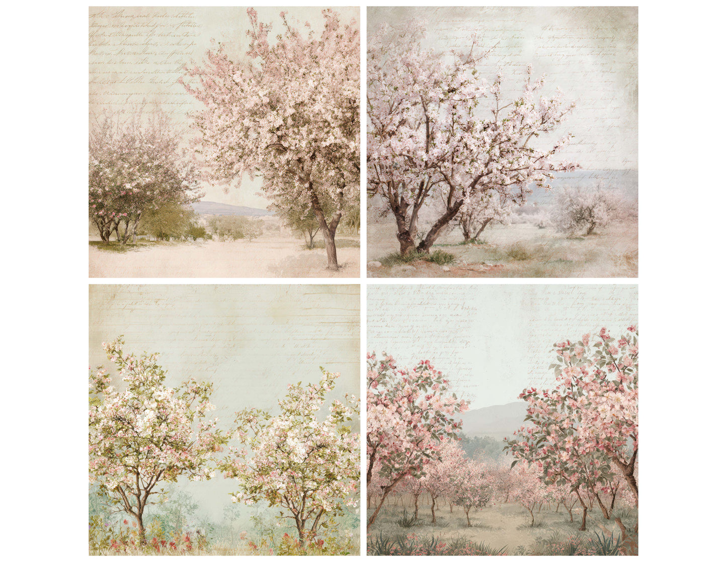 Close view of Vintage Orchard Blossom Scene background papers highlighting collage composition and cohesive colour tones