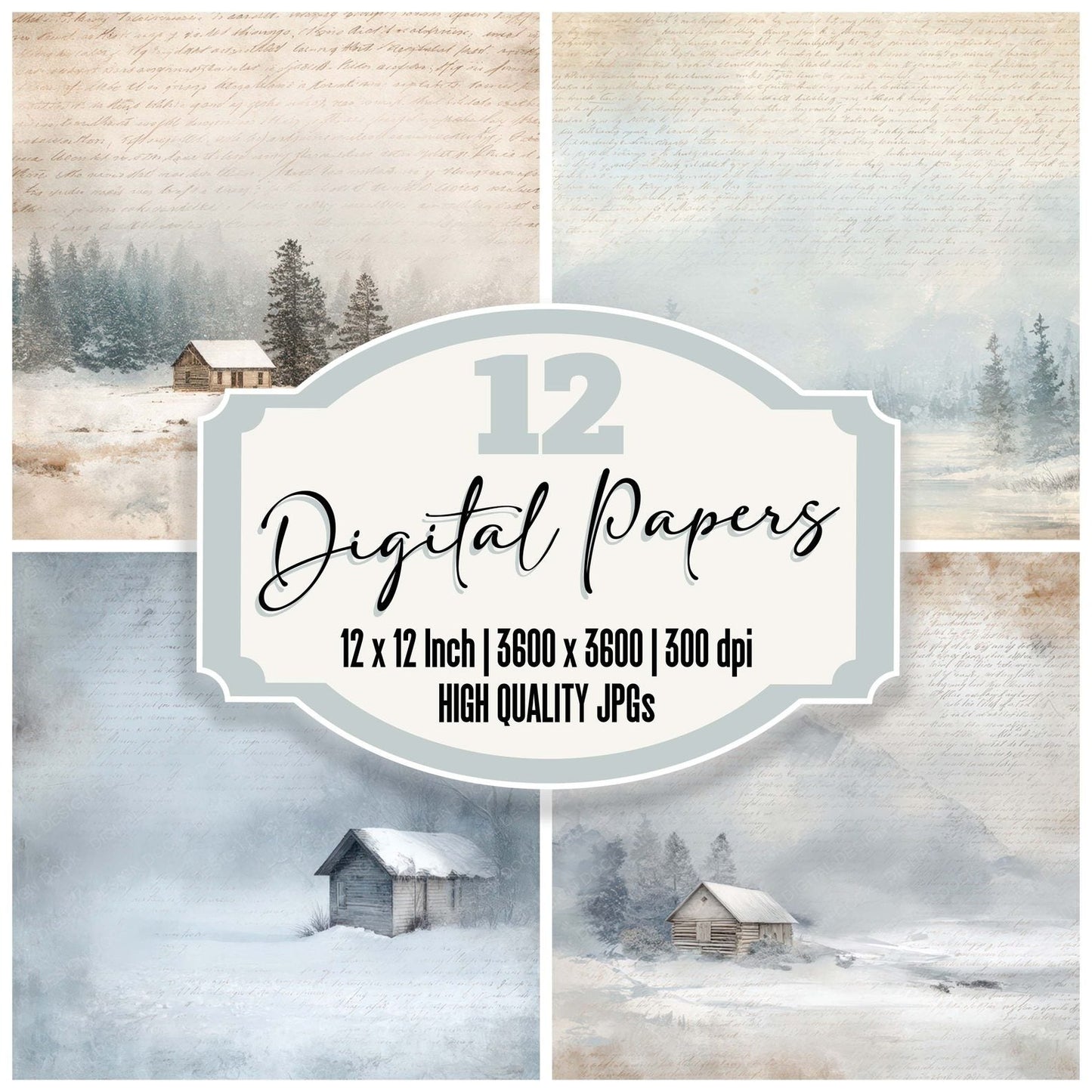 Vintage Snow Cabin Scene Digital Paper Pack (DDD012222)