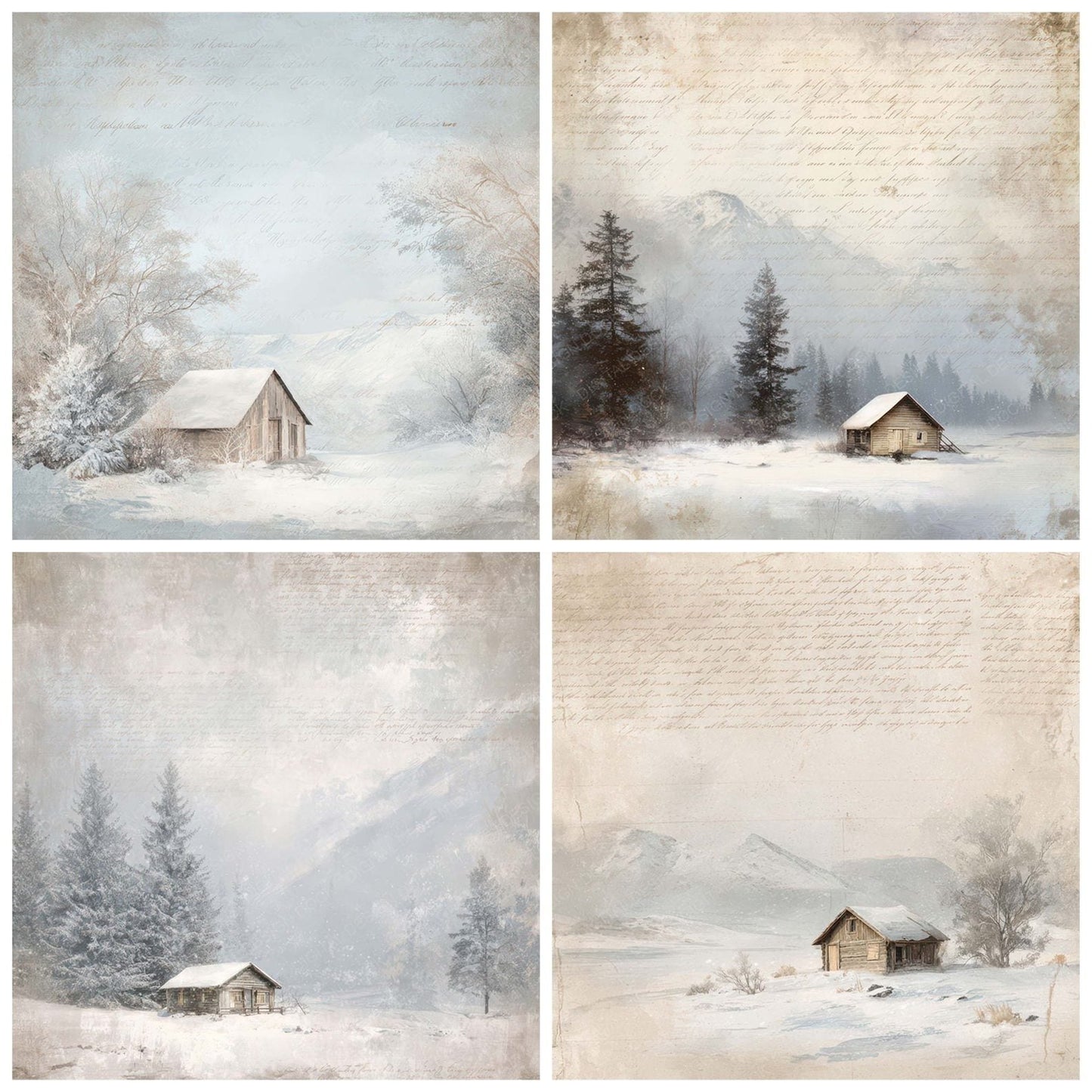 Vintage Snow Cabin Scene Digital Paper Pack (DDD012222)