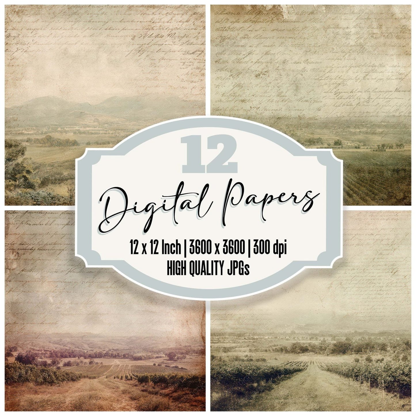Vintage Vineyard Landscape Scene Digital Paper Pack (DDD012223)