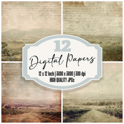 Vintage Vineyard Landscape Scene Digital Paper Pack (DDD012223)
