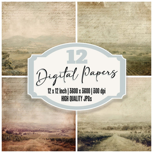 Vintage Vineyard Landscape Scene Digital Paper Pack (DDD012223)