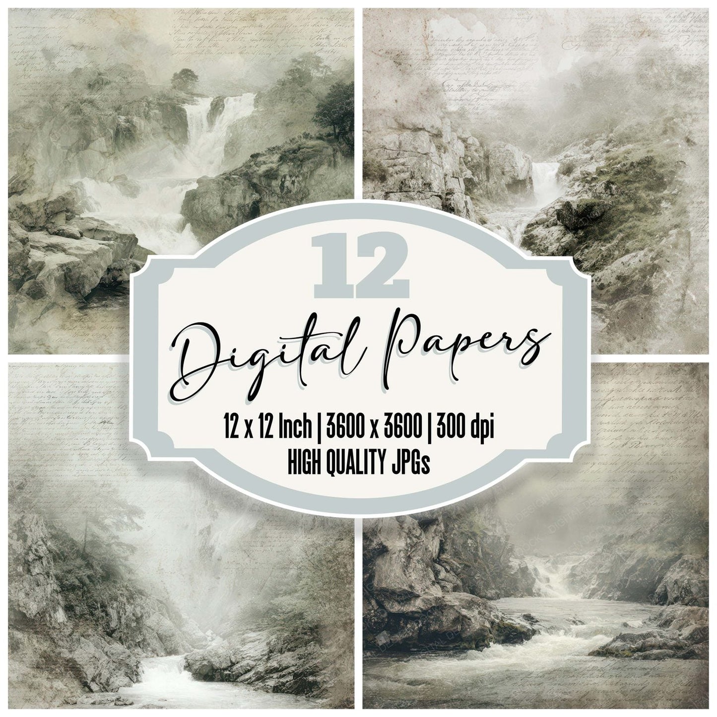 Vintage Waterfall Gorge Scene Digital Paper Pack (DDD012224)