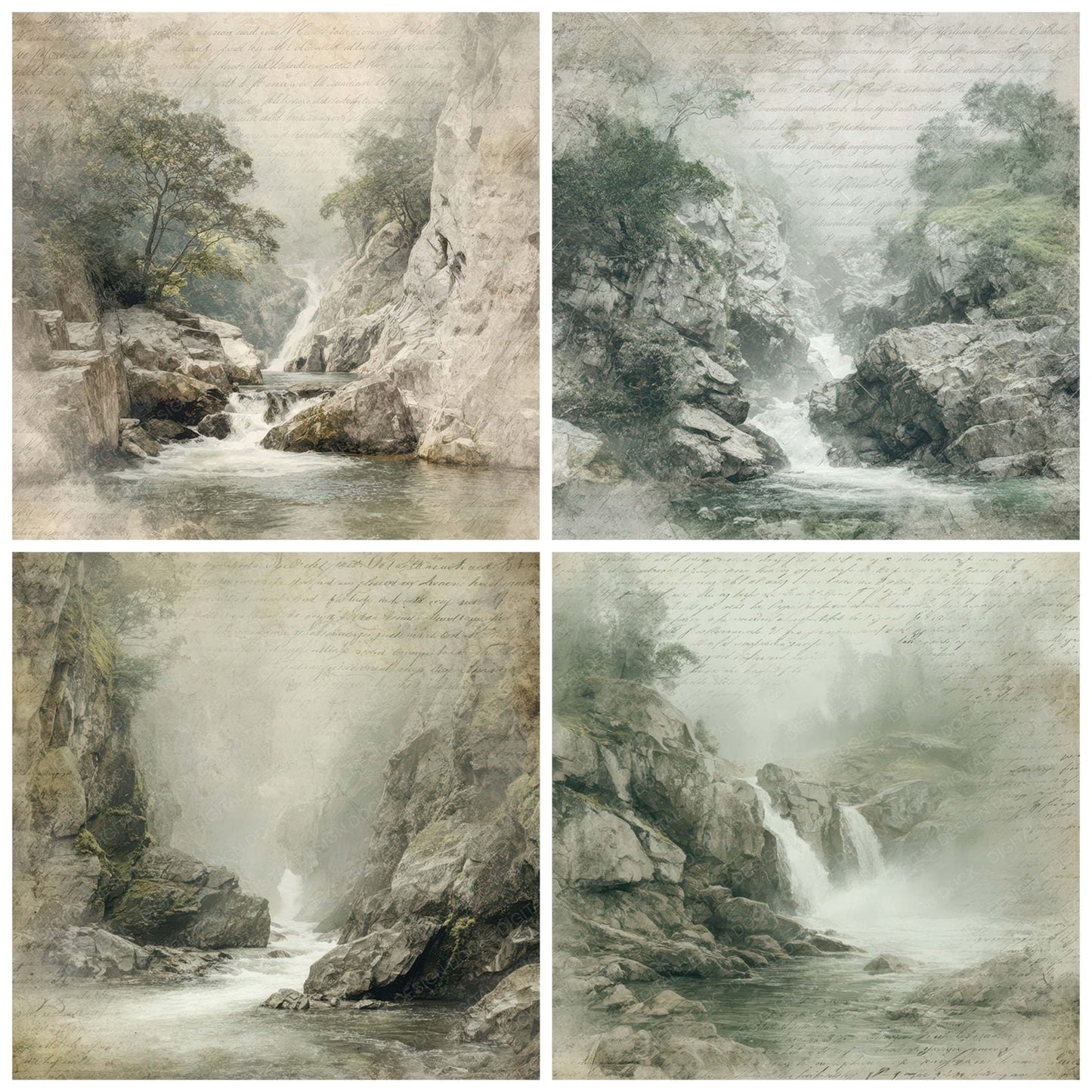 Vintage Waterfall Gorge Scene Digital Paper Pack (DDD012224)