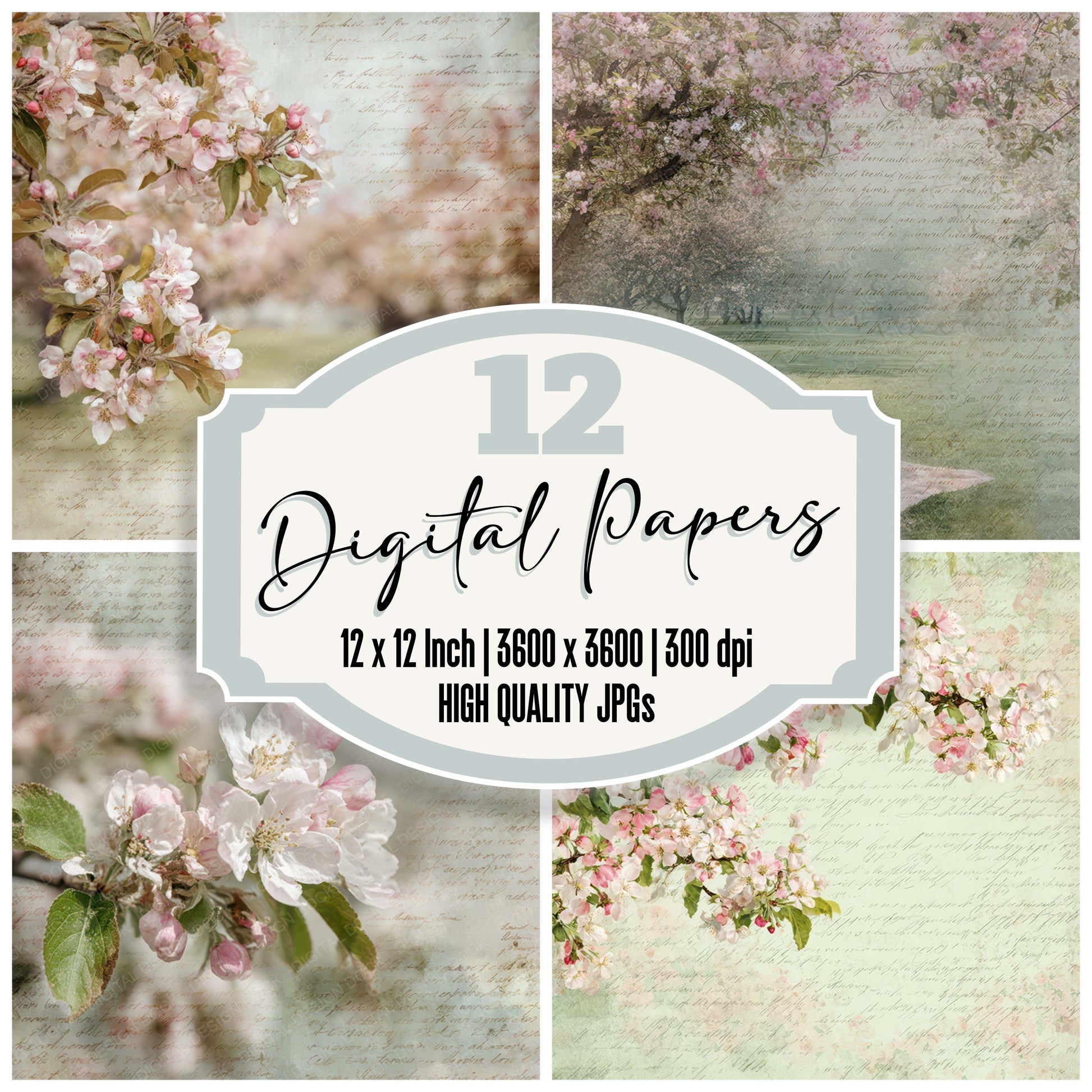 Old Blossom Picnic Scene digital paper pack designed for background pages in junk journaling and paper craft projects