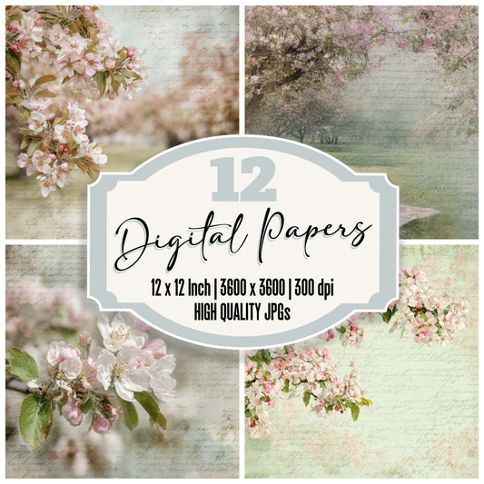 Old Blossom Picnic Scene digital paper pack designed for background pages in junk journaling and paper craft projects