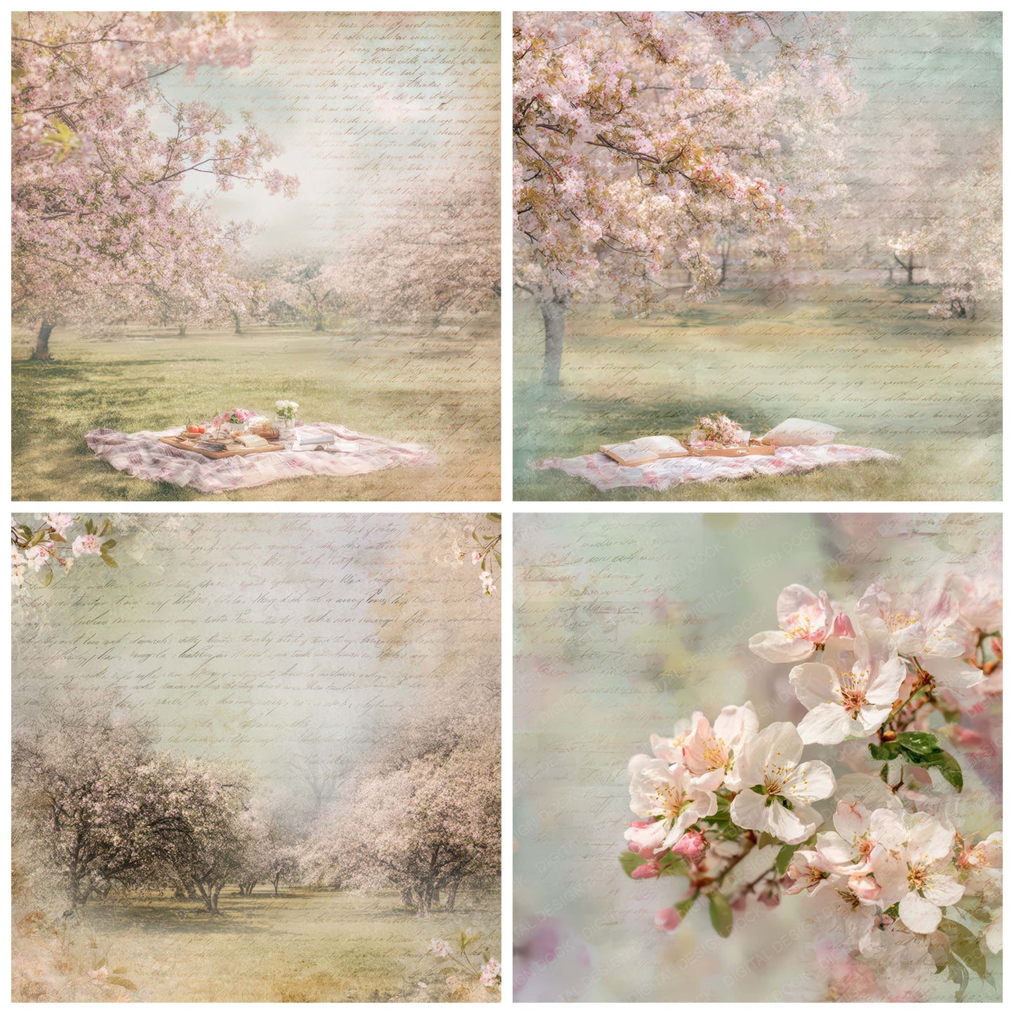 Preview layout showing Old Blossom Picnic Scene papers arranged as background pages for junk journals and mixed media crafts