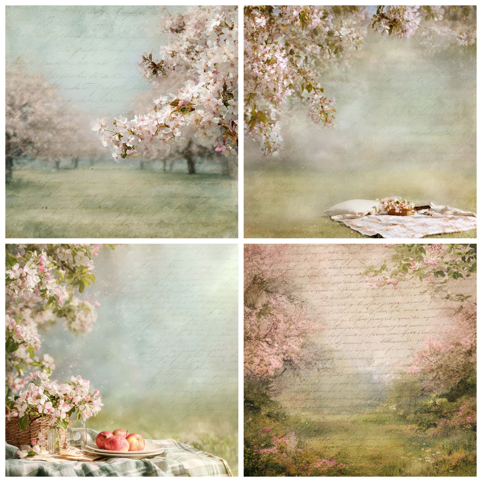 Close view of Old Blossom Picnic Scene background papers highlighting collage composition and cohesive colour tones