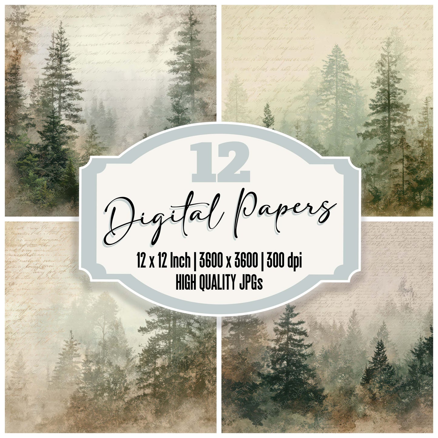 Old Cabin Window Forest Scene digital paper pack designed for background pages in junk journaling and paper craft projects
