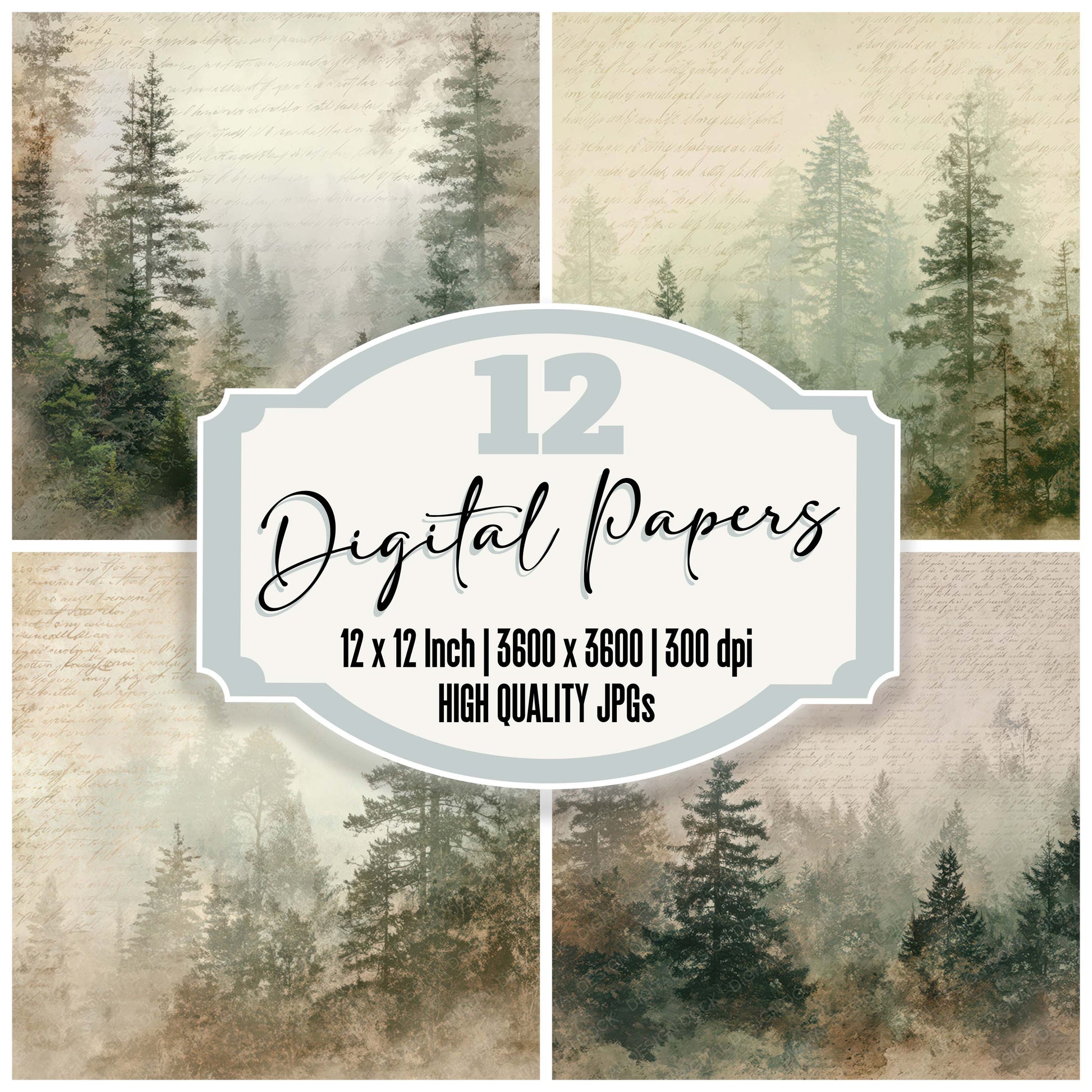 Old Cabin Window Forest Scene digital paper pack designed for background pages in junk journaling and paper craft projects