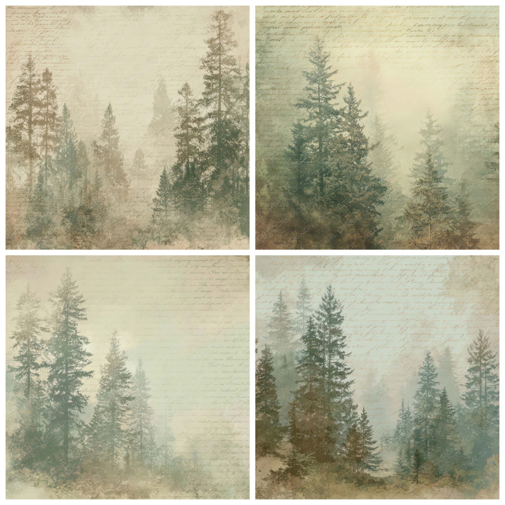 Preview layout showing Old Cabin Window Forest Scene papers arranged as background pages for junk journals and mixed media crafts