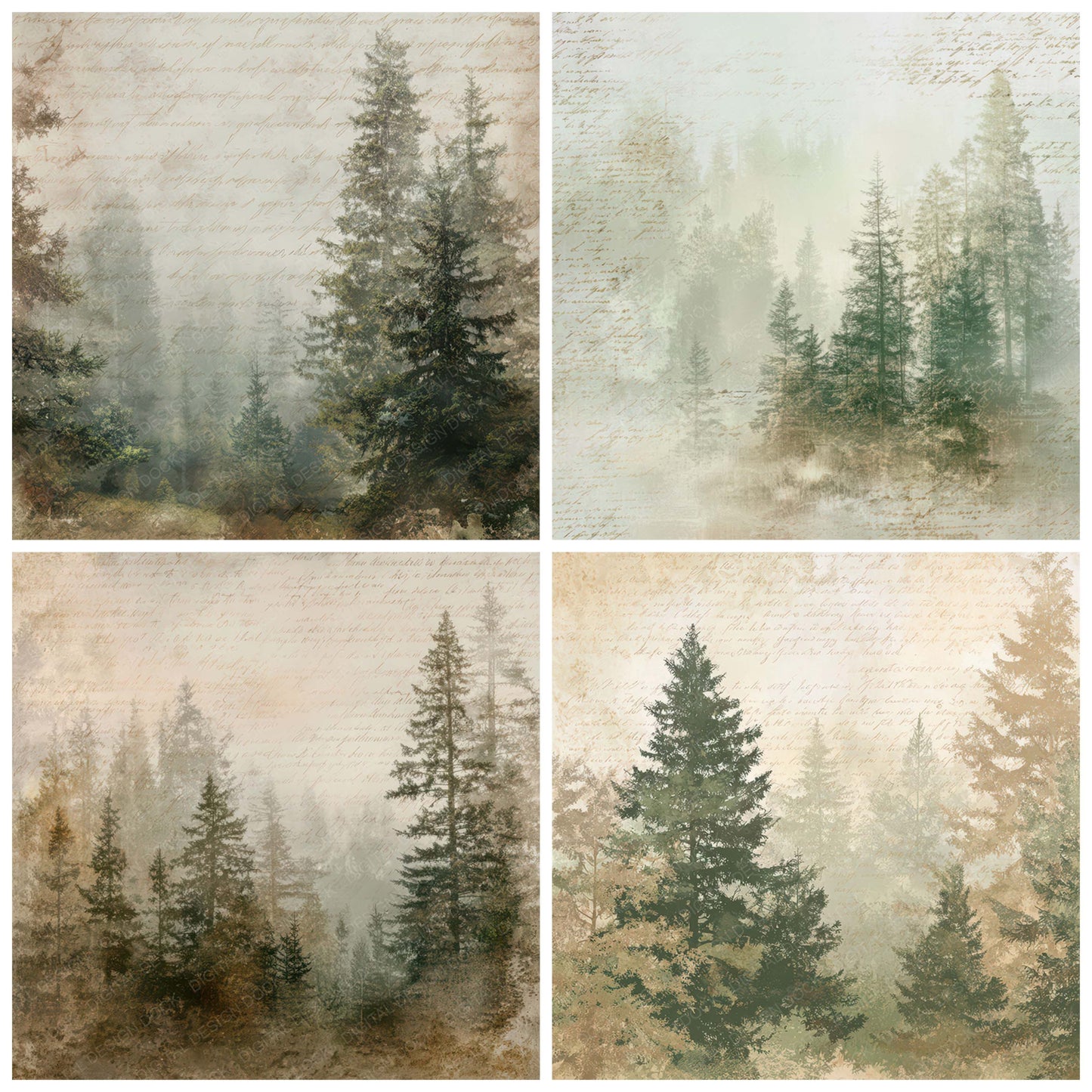 Close view of Old Cabin Window Forest Scene background papers highlighting collage composition and cohesive colour tones