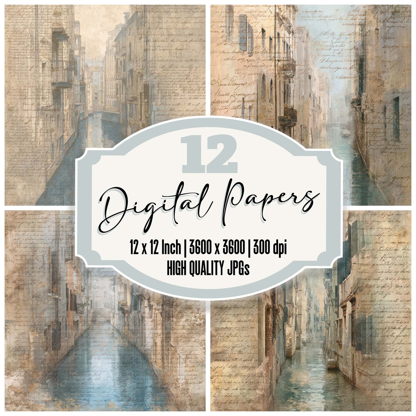Old Canal Alleyway Scene digital paper pack designed for background pages in junk journaling and paper craft projects