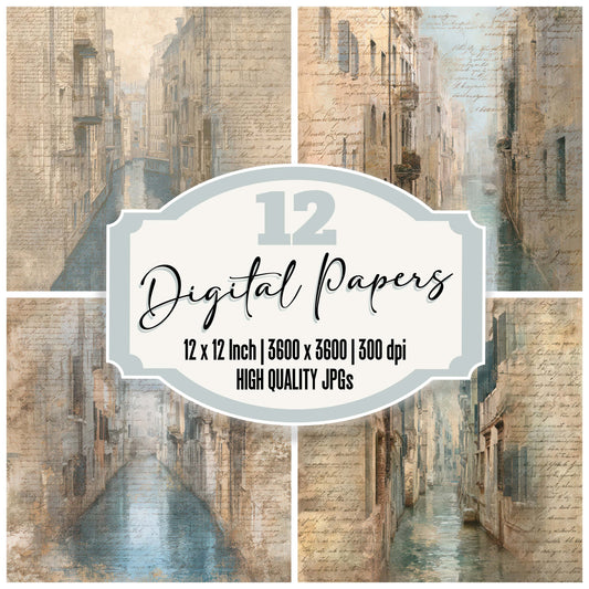 Old Canal Alleyway Scene digital paper pack designed for background pages in junk journaling and paper craft projects