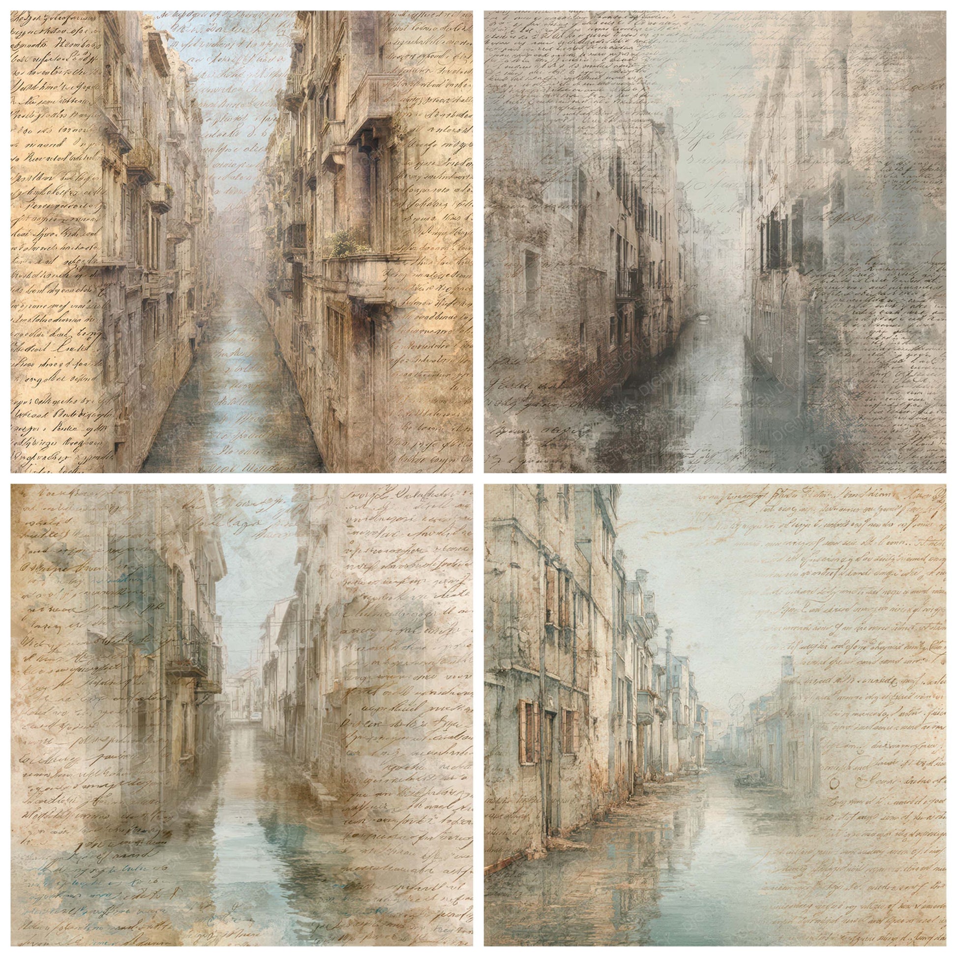Preview layout showing Old Canal Alleyway Scene papers arranged as background pages for junk journals and mixed media crafts