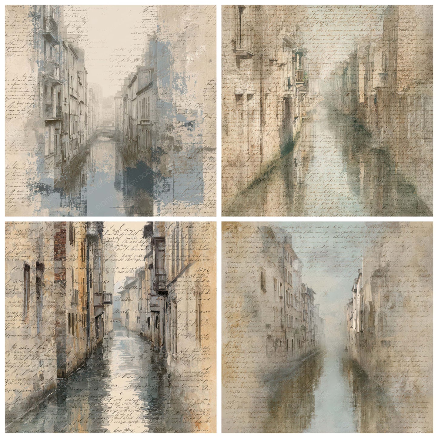 Close view of Old Canal Alleyway Scene background papers highlighting collage composition and cohesive colour tones