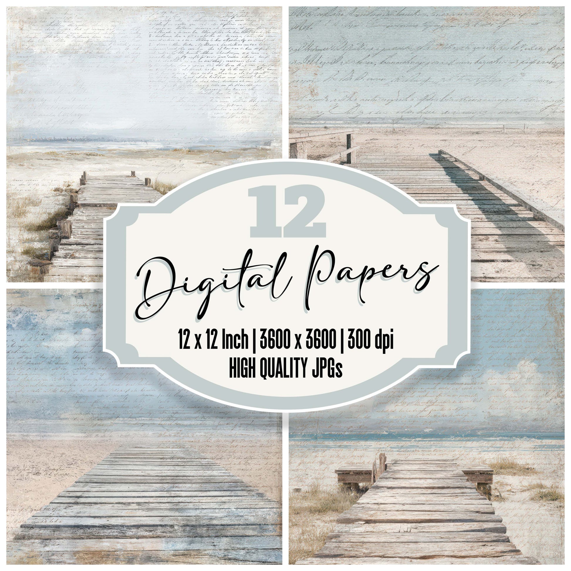 Old Coastal Boardwalk Scene digital paper pack designed for background pages in junk journaling and paper craft projects