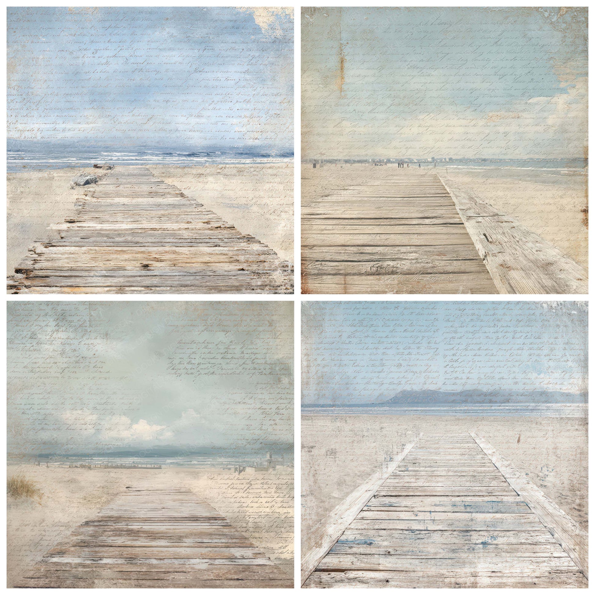 Preview layout showing Old Coastal Boardwalk Scene papers arranged as background pages for junk journals and mixed media crafts