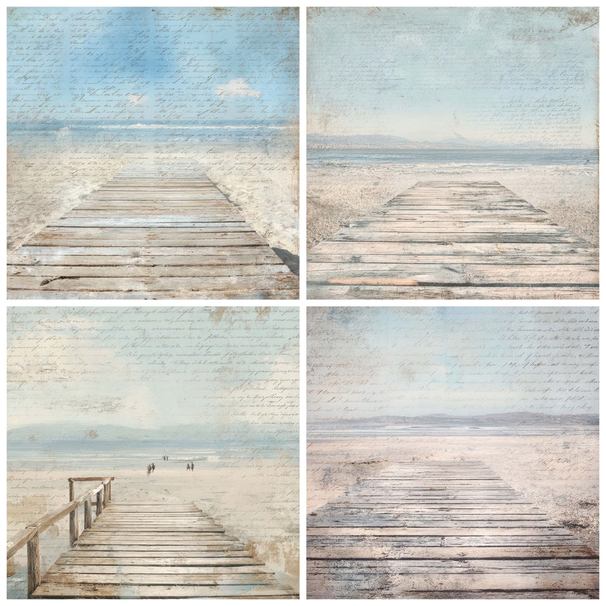 Close view of Old Coastal Boardwalk Scene background papers highlighting collage composition and cohesive colour tones