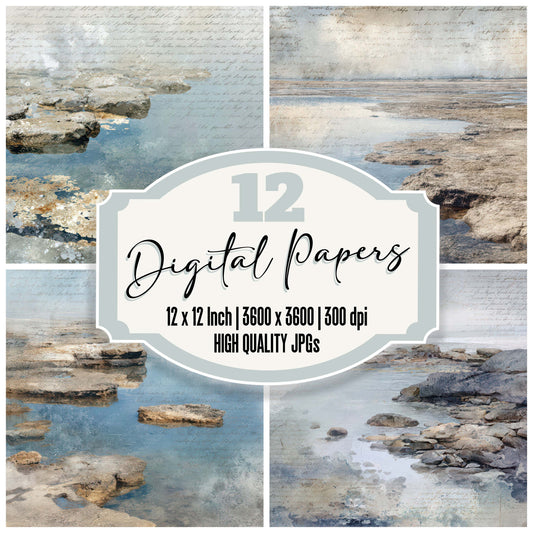 Old Coastal Tide Pool Scene digital paper pack designed for background pages in junk journaling and paper craft projects