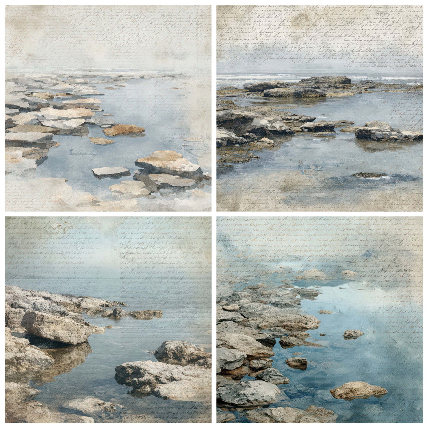 Preview layout showing Old Coastal Tide Pool Scene papers arranged as background pages for junk journals and mixed media crafts
