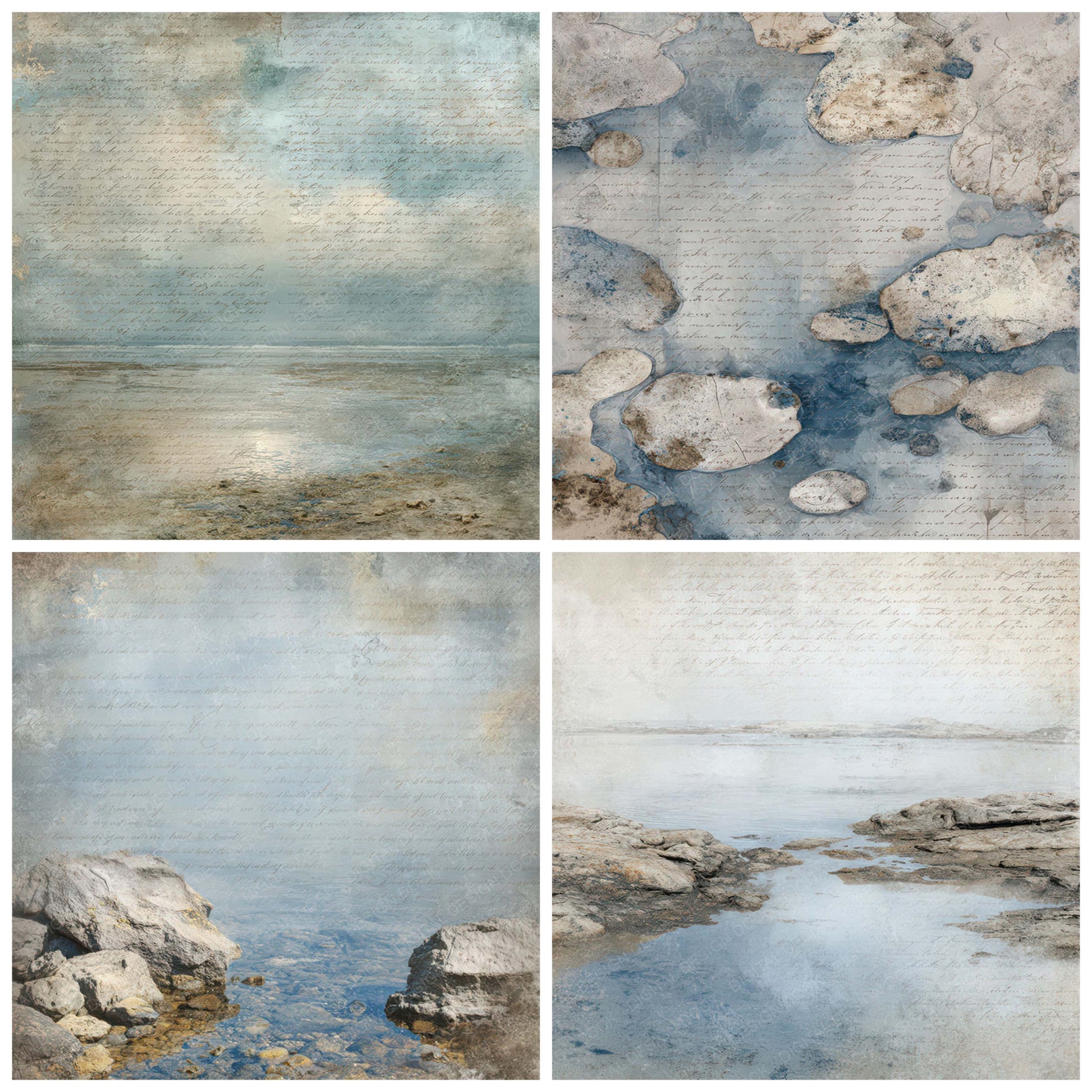 Close view of Old Coastal Tide Pool Scene background papers highlighting collage composition and cohesive colour tones