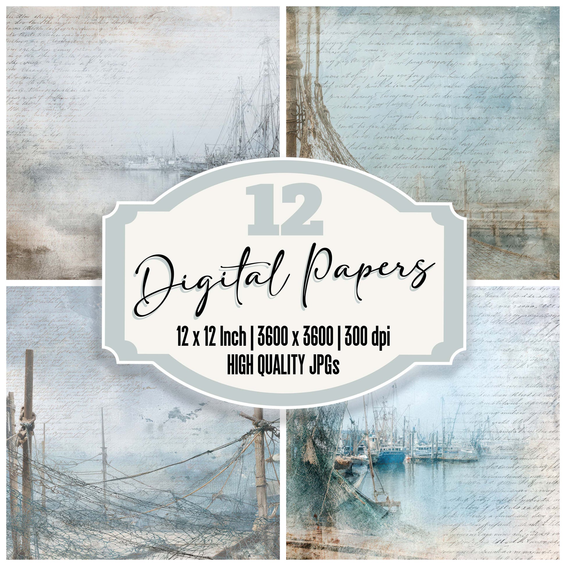 Old Harbor Fishing Nets Scene digital paper pack designed for background pages in junk journaling and paper craft projects