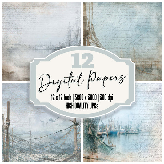Old Harbor Fishing Nets Scene digital paper pack designed for background pages in junk journaling and paper craft projects