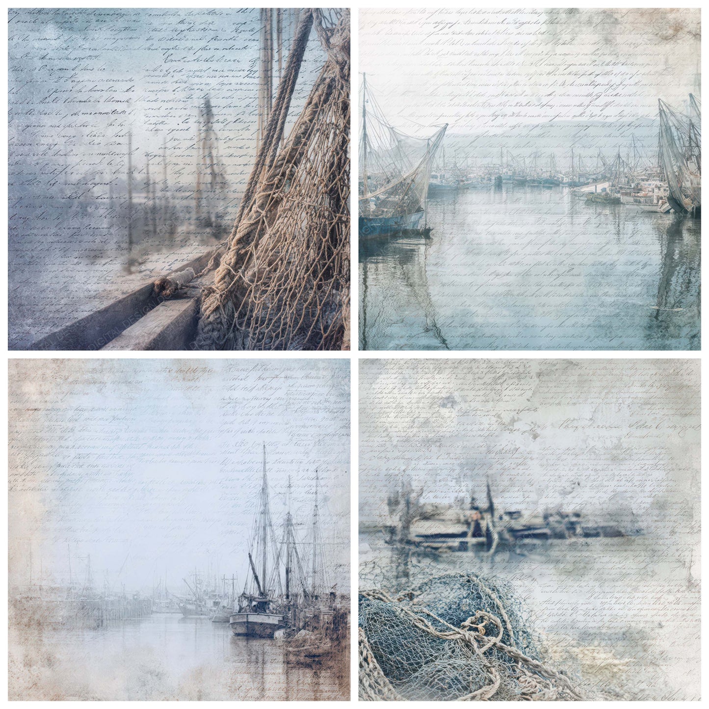 Preview layout showing Old Harbor Fishing Nets Scene papers arranged as background pages for junk journals and mixed media crafts