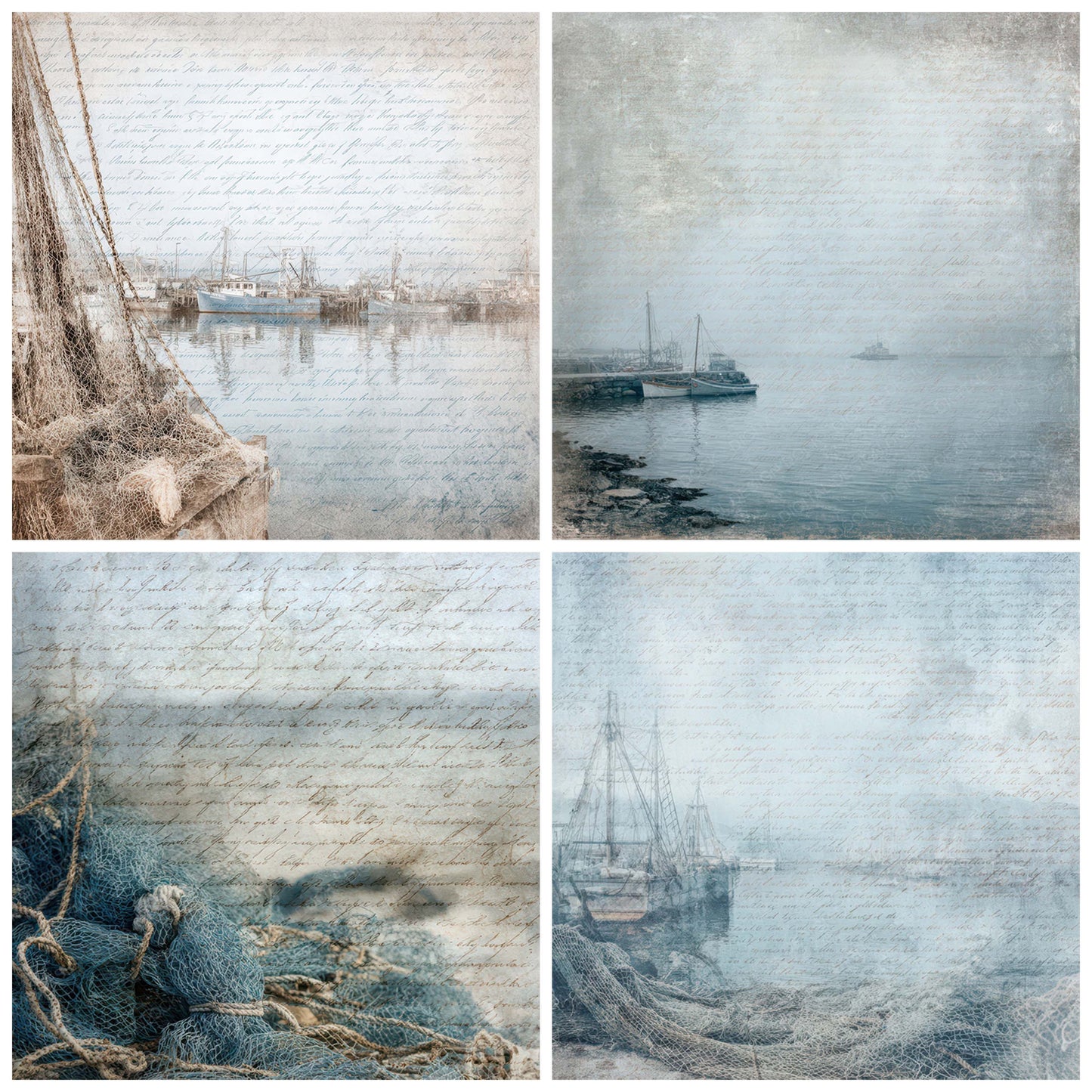 Close view of Old Harbor Fishing Nets Scene background papers highlighting collage composition and cohesive colour tones