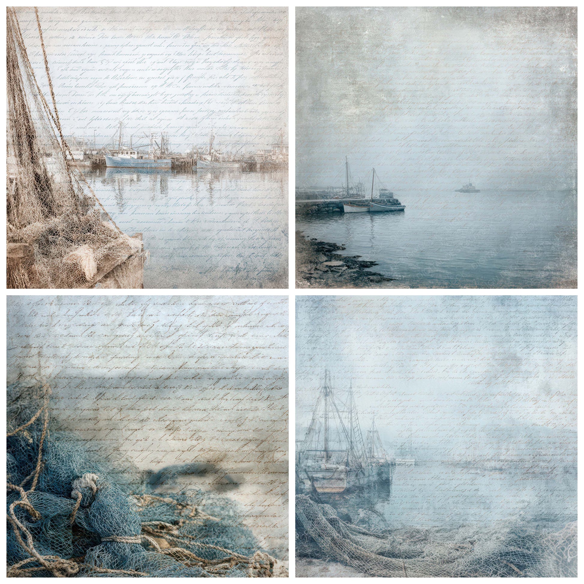 Close view of Old Harbor Fishing Nets Scene background papers highlighting collage composition and cohesive colour tones