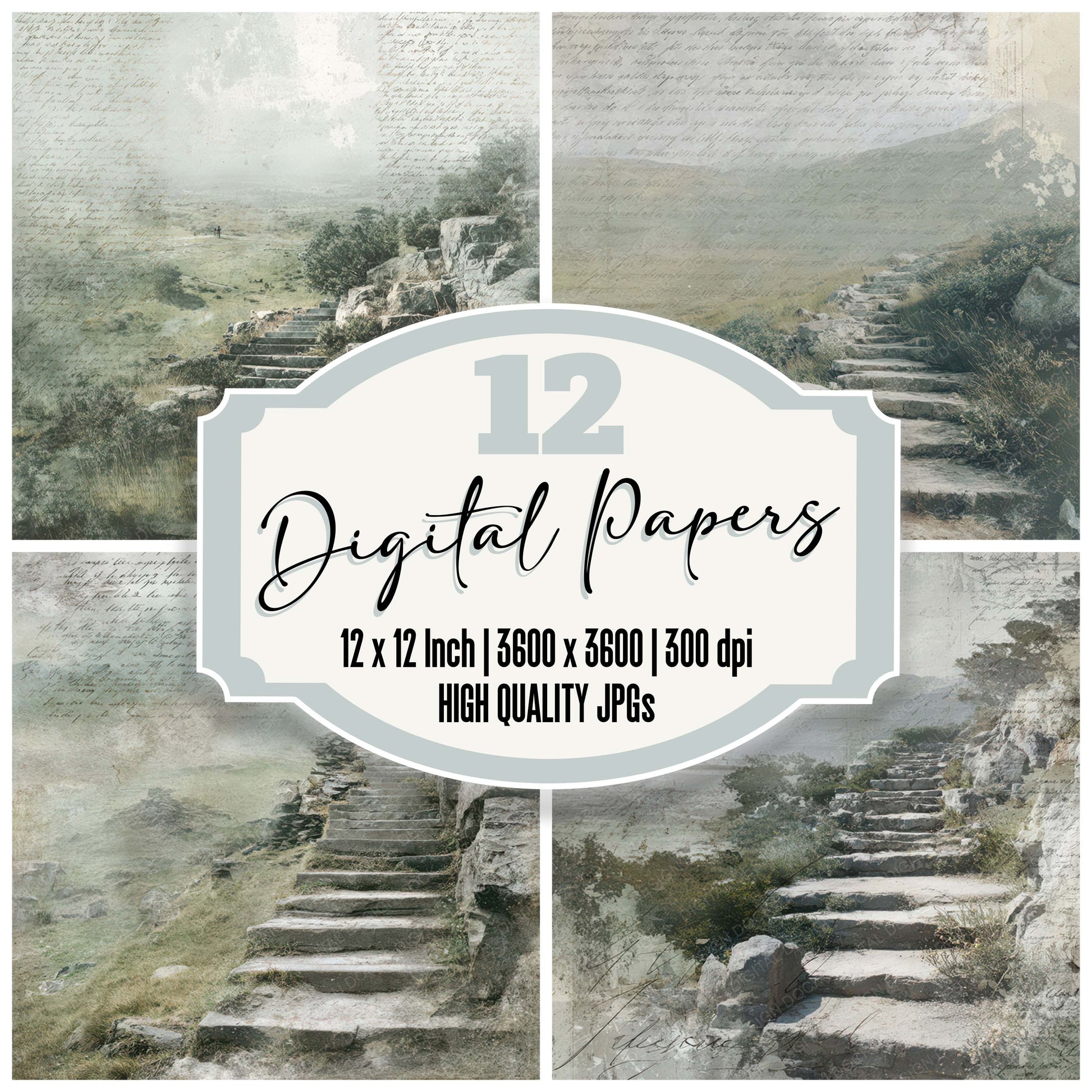 Old Hillside Staircase Scene digital paper pack designed for background pages in junk journaling and paper craft projects