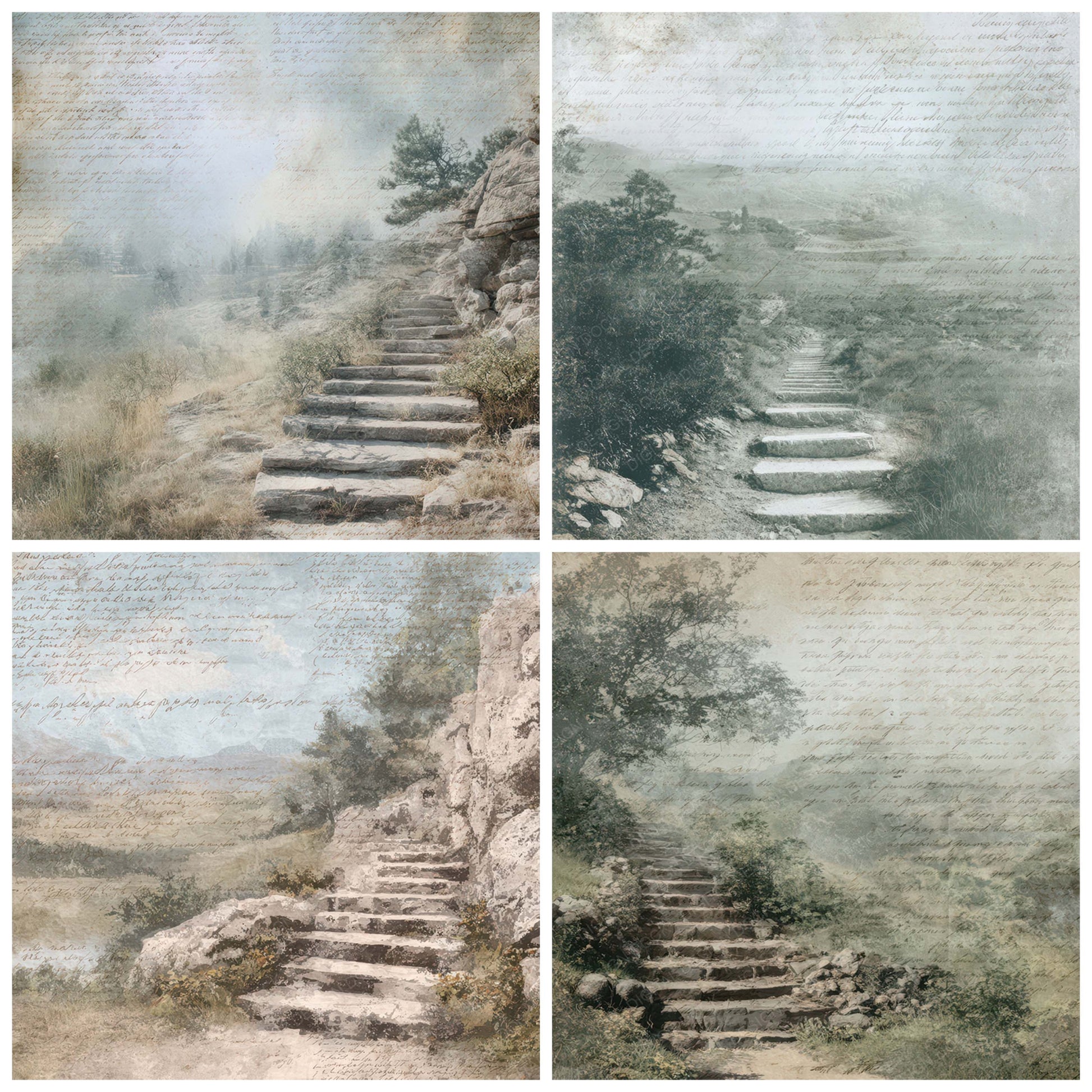 Preview layout showing Old Hillside Staircase Scene papers arranged as background pages for junk journals and mixed media crafts