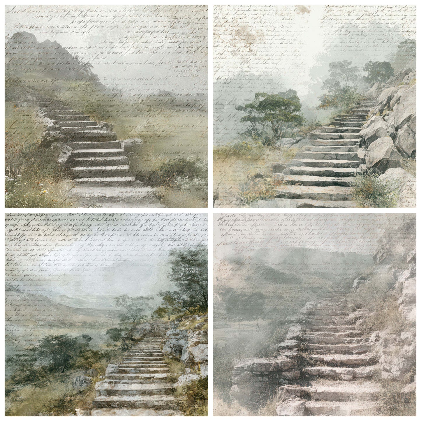 Close view of Old Hillside Staircase Scene background papers highlighting collage composition and cohesive colour tones
