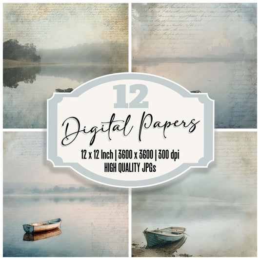 Old Lakeside Rowing Boat Scene digital paper pack designed for background pages in junk journaling and paper craft projects