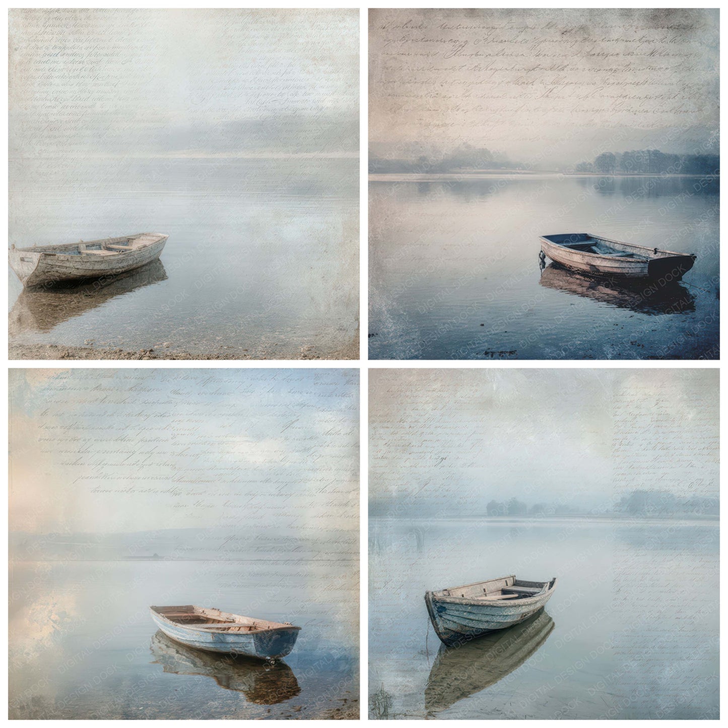 Preview layout showing Old Lakeside Rowing Boat Scene papers arranged as background pages for junk journals and mixed media crafts
