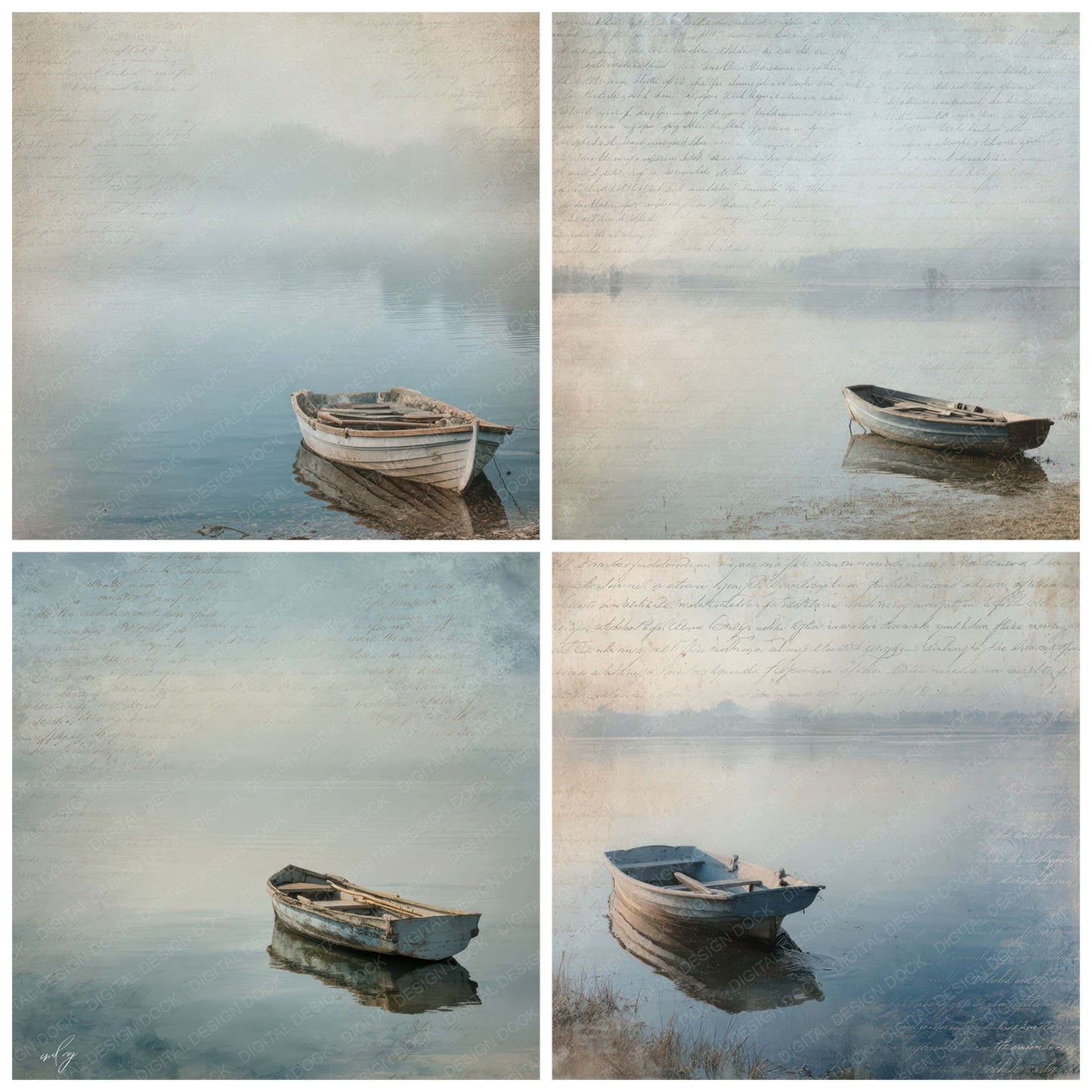 Close view of Old Lakeside Rowing Boat Scene background papers highlighting collage composition and cohesive colour tones