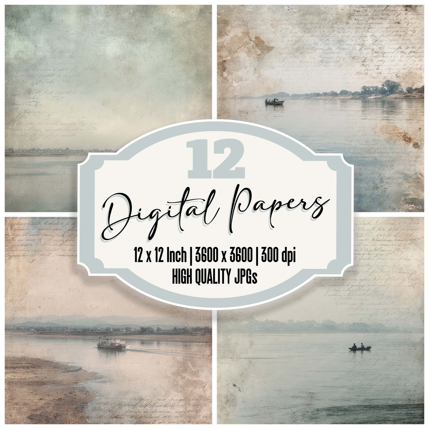 Old River Ferry Crossing Scene digital paper pack designed for background pages in junk journaling and paper craft projects