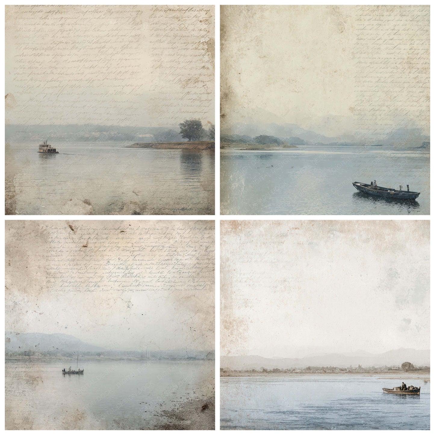 Preview layout showing Old River Ferry Crossing Scene papers arranged as background pages for junk journals and mixed media crafts