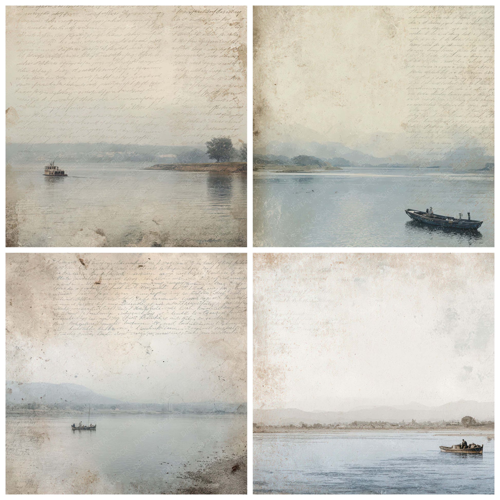 Preview layout showing Old River Ferry Crossing Scene papers arranged as background pages for junk journals and mixed media crafts