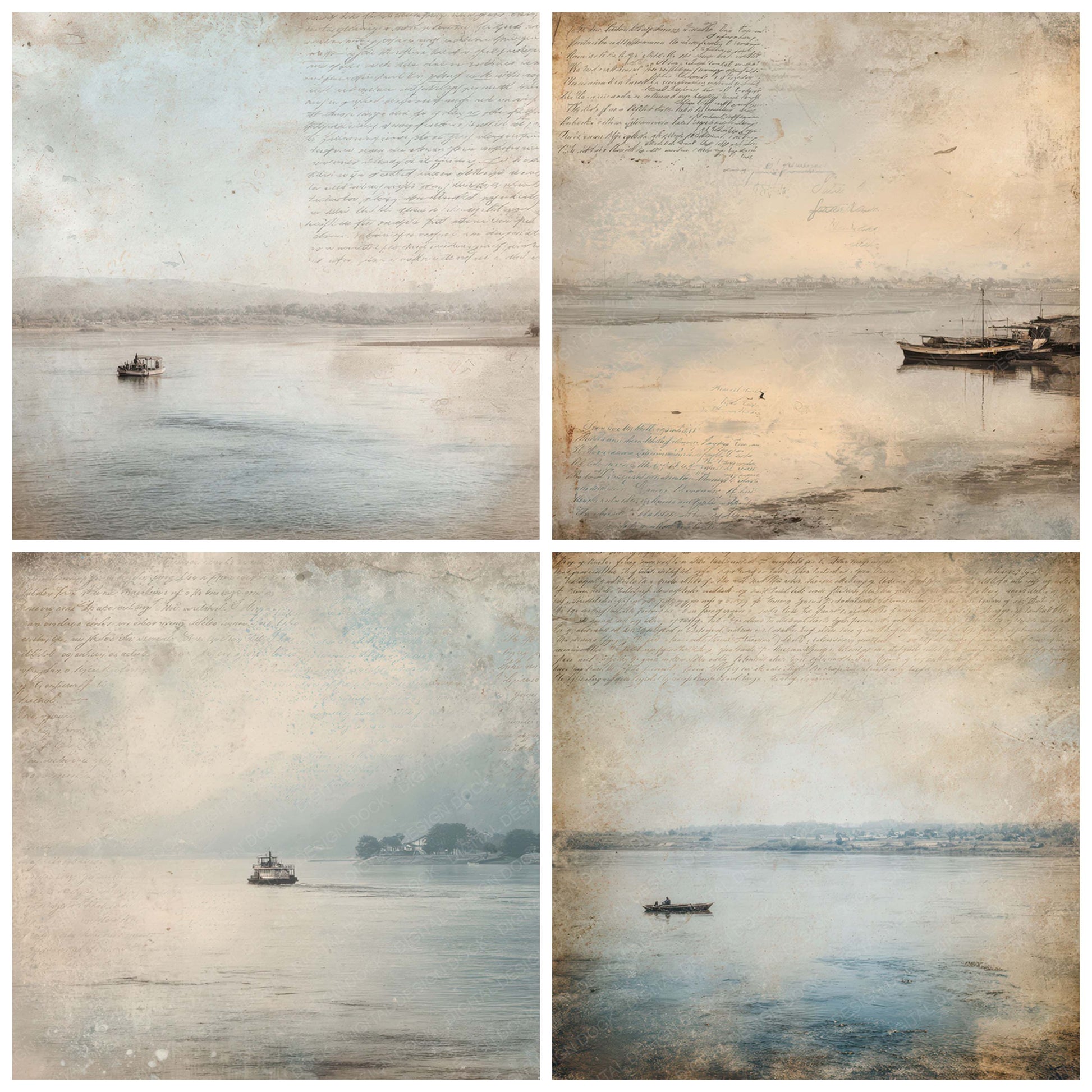 Close view of Old River Ferry Crossing Scene background papers highlighting collage composition and cohesive colour tones