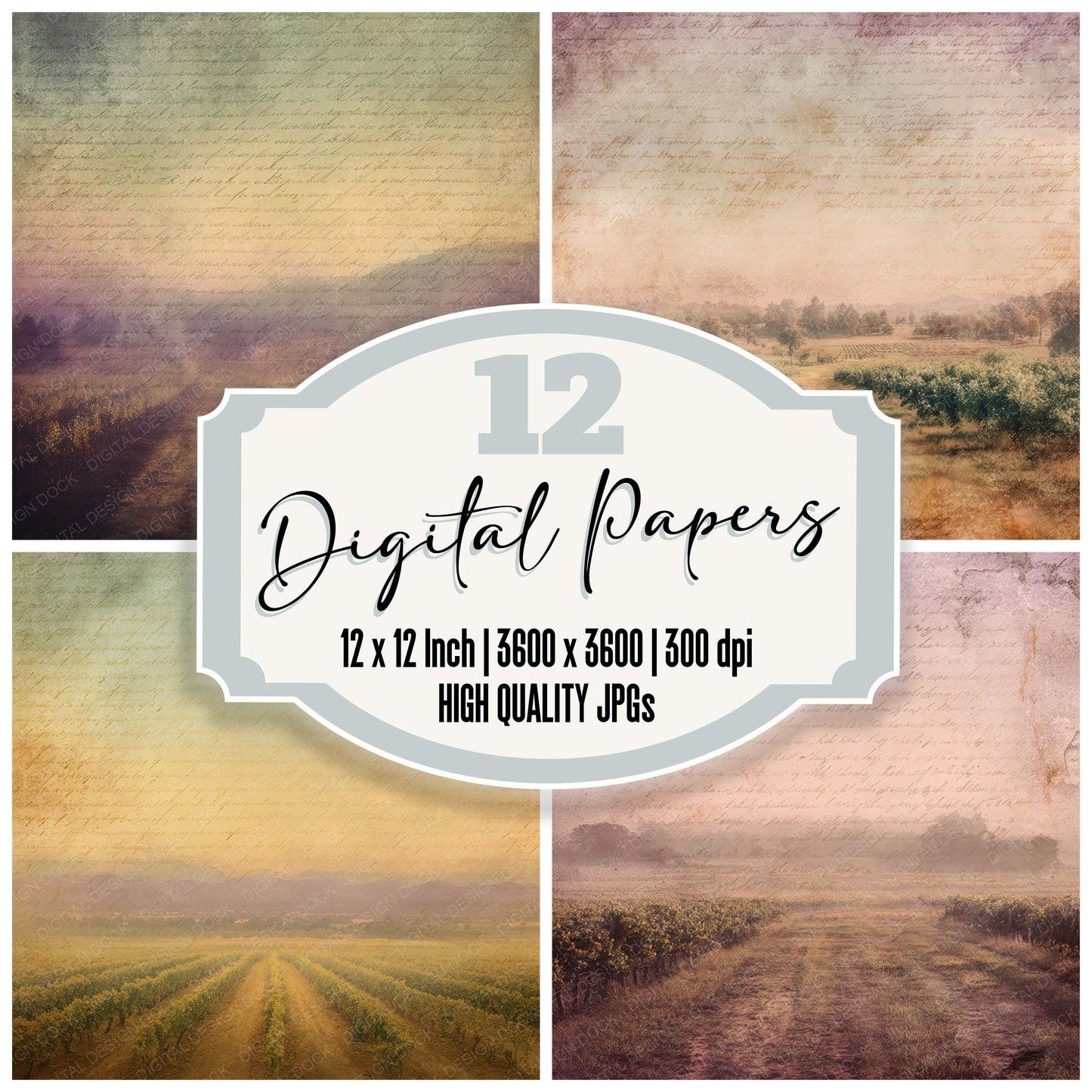 Old Vineyard Sunset Path Scene digital paper pack designed for background pages in junk journaling and paper craft projects